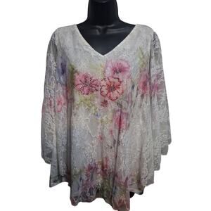 Brittany Black Shirt 1X Floral Layered Lacey Shawl Overlay Feminine VNeck Blouse